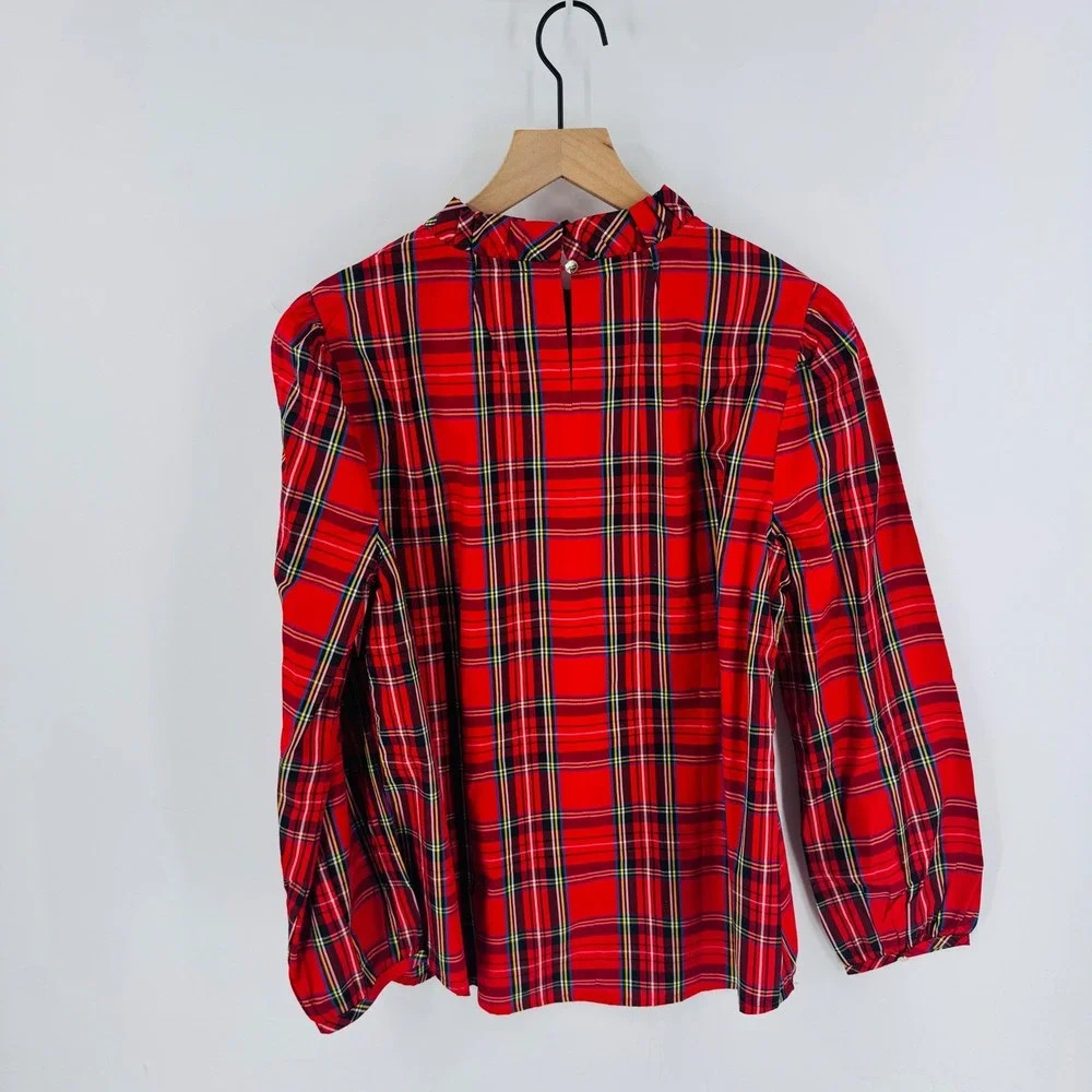 J. Crew Red Tartan Plaid Ruffle Neck Long Sleeve Blouse Size M‎ Preppy Holiday